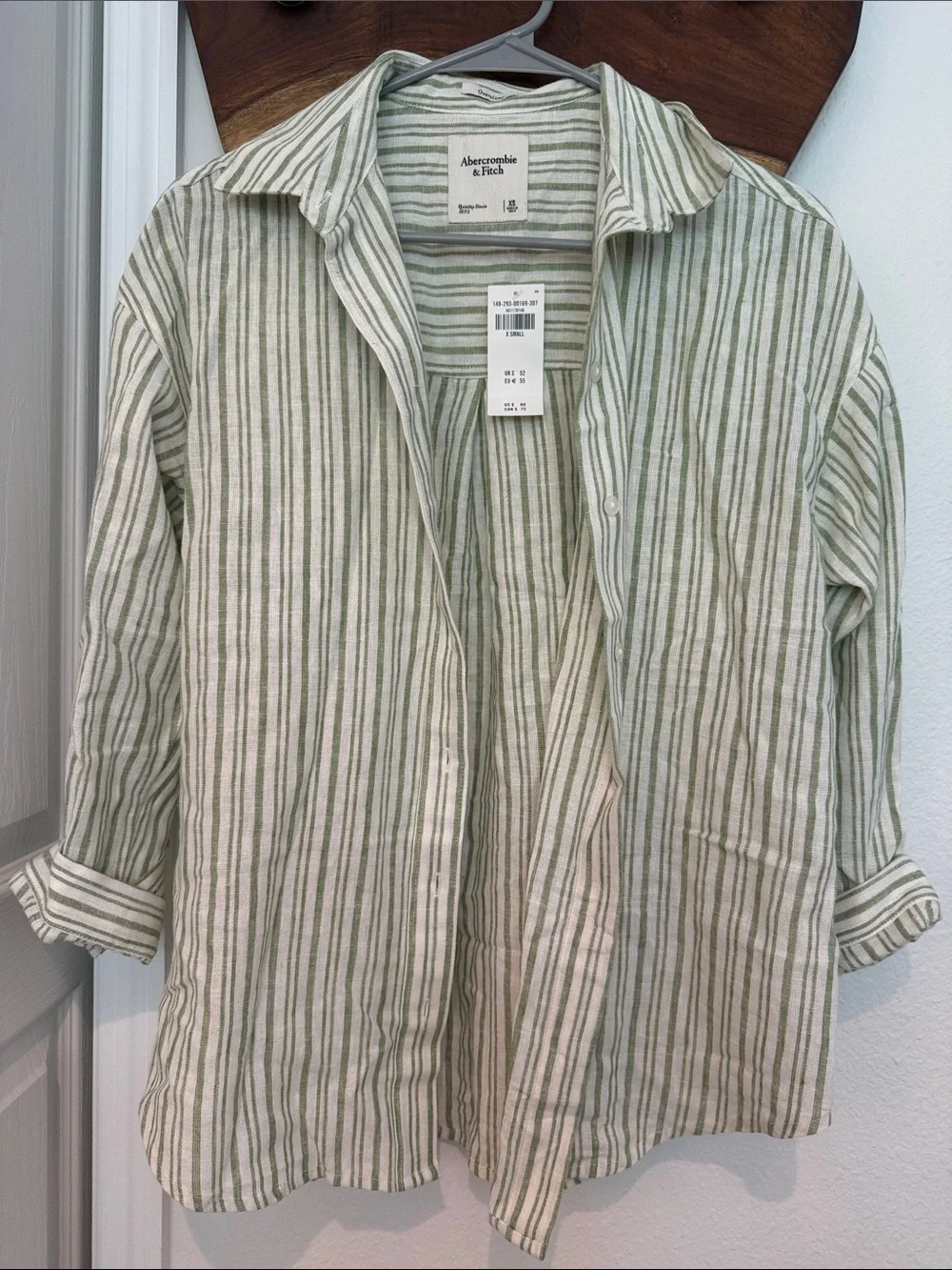Abercrombie & Fitch over sized Sage Green and White Striped Button-Up Shirt